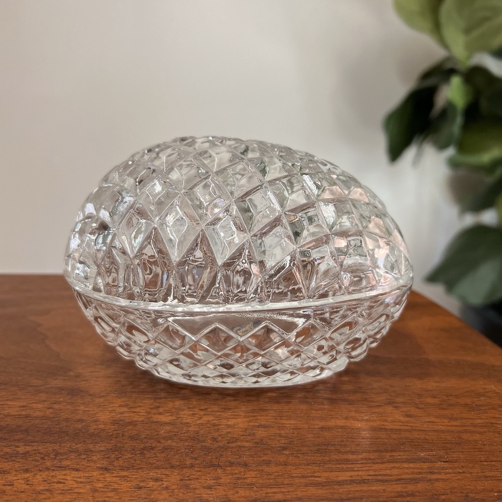 Vintage Egg Shape Lead Crystal Glass Trinket Dish Candy Dish Easter Diamond Cut